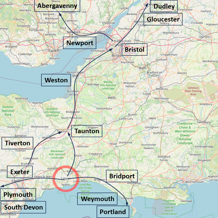 Regular delivery routes to Abergavenny, Bridport, Bristol, Dudley, Exeter, Gloucester, Newport, Plymouth, Portland, South Devon, Taunton, Tiverton, Weston-super-Mare, Weymouth.